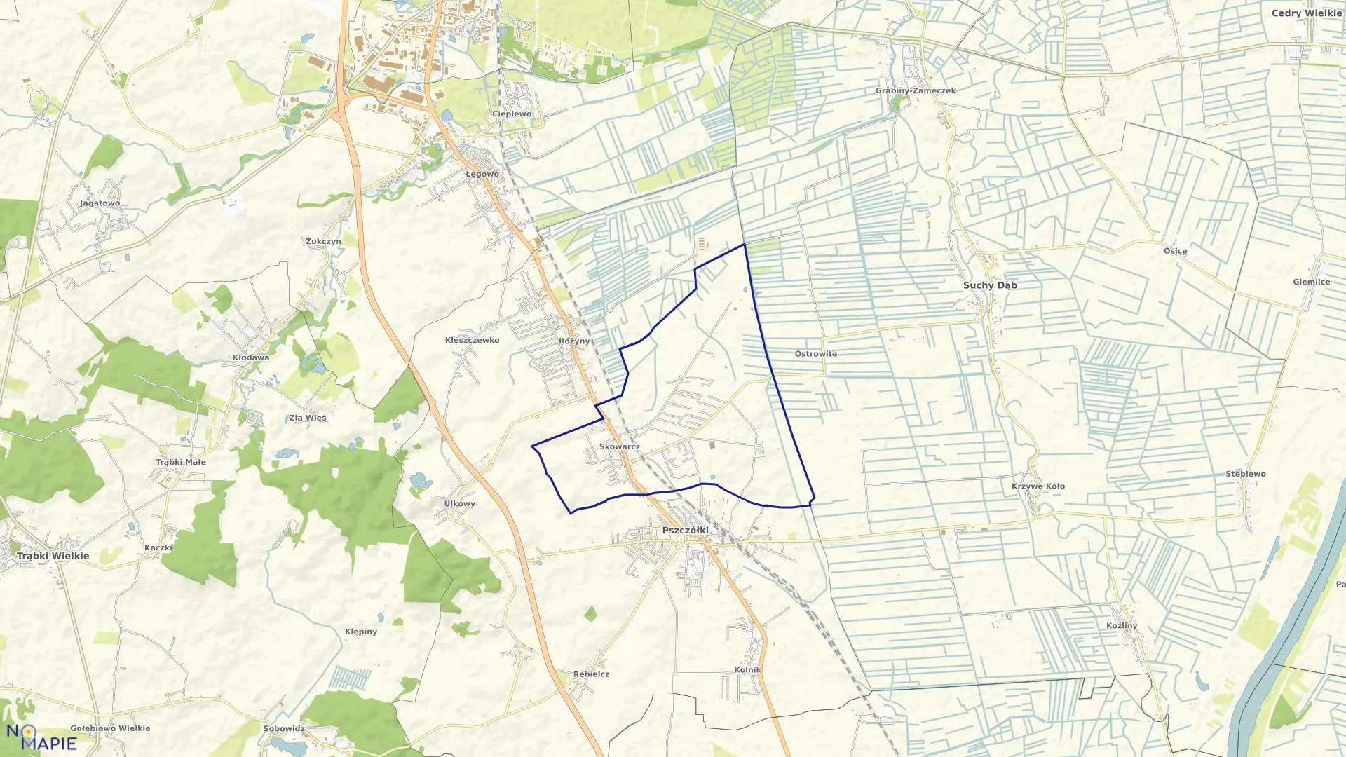 Mapa obrębu Skowarcz w gminie Pszczółki